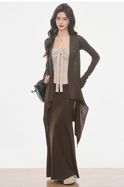 Ensemble 3 pièces en maille irrégulière avec cardigan et jupe
