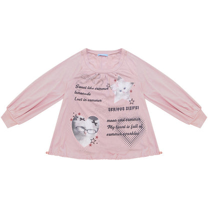 Pink Cat Print Lantern Sleeve Top