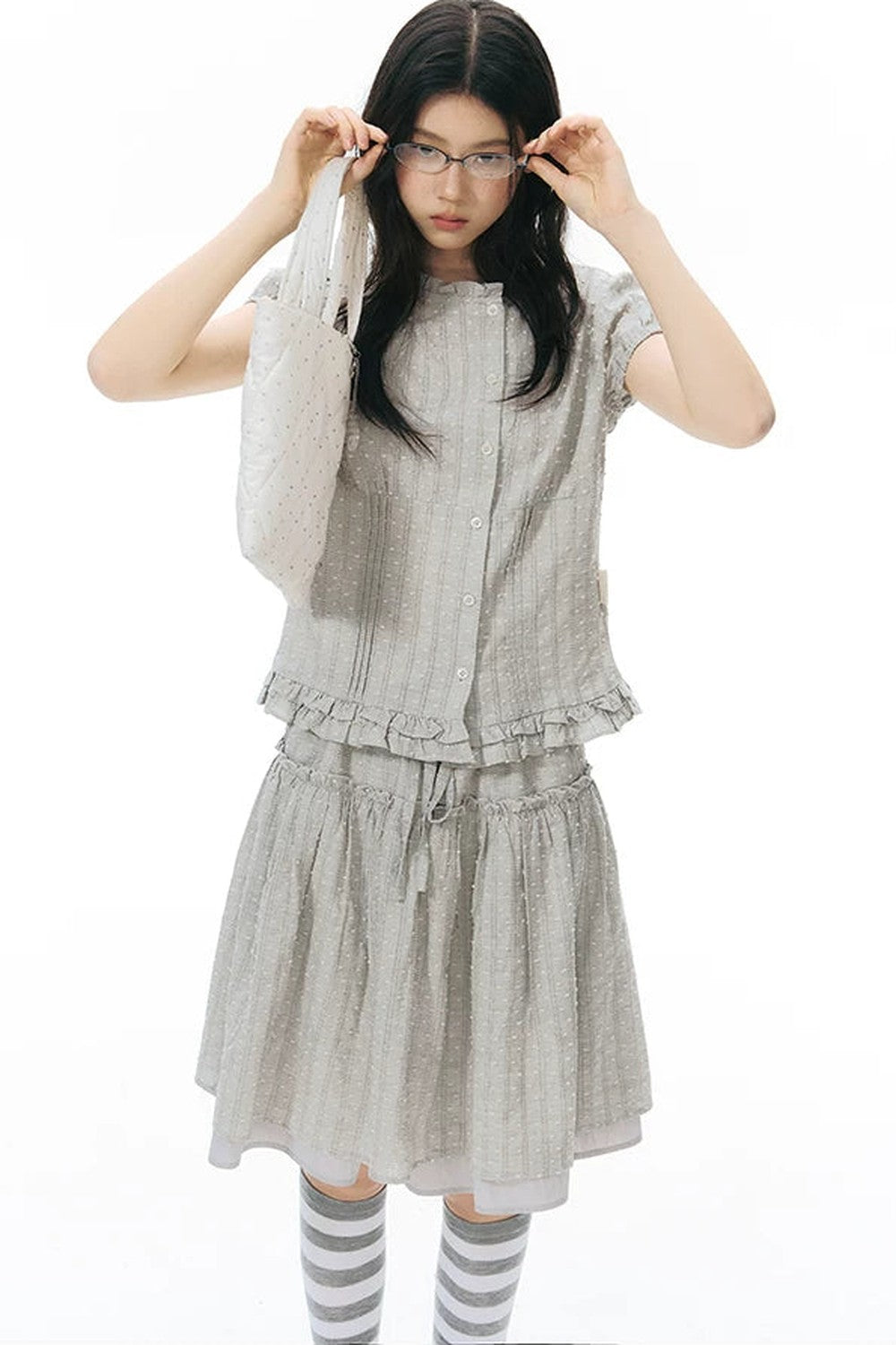 Ruffle Drawstring Blouse & Skirt Set-Up