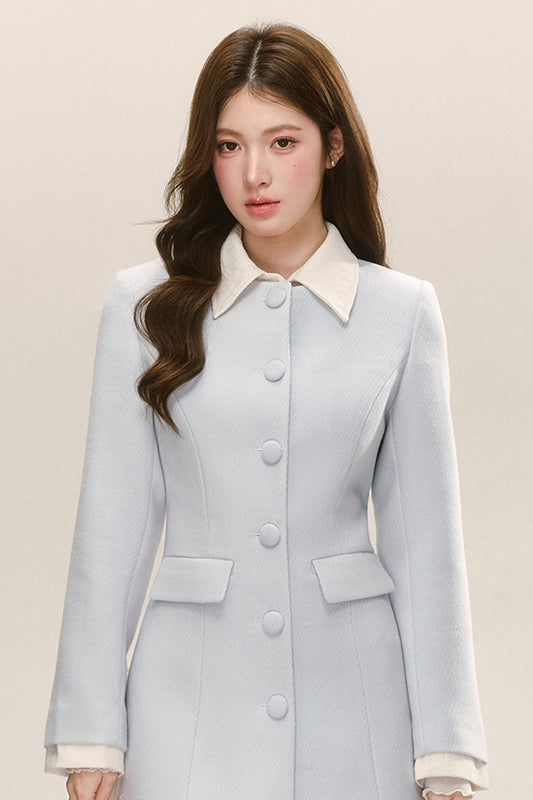 Blue Lapel Patchwork Mid-Length Jacket