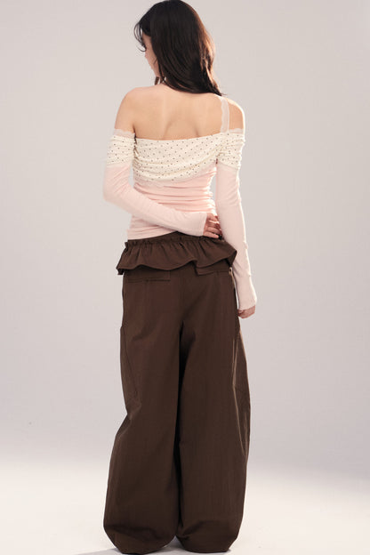 Polka Dot Spliced Lace Off-Shoulder T-Shirt