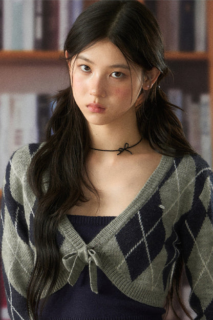 Short Argyle Cardigan and Cami and Pants Set-Up