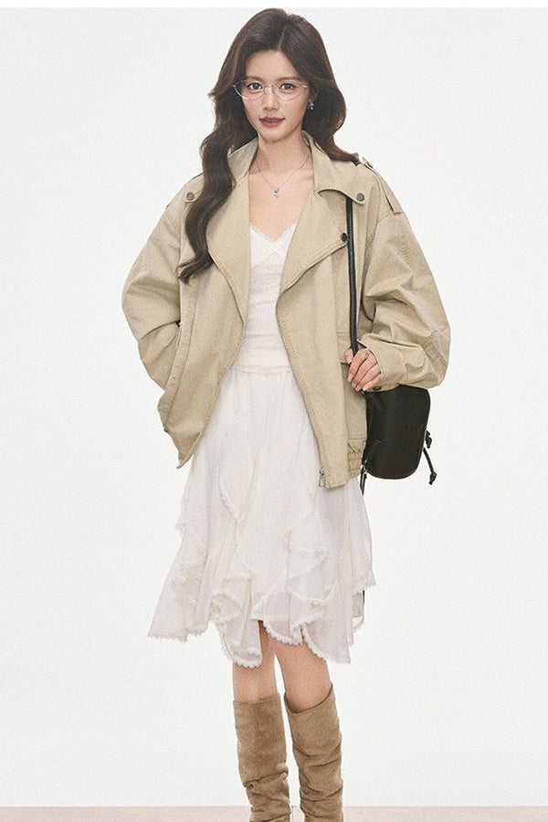 Washed Jacket With Lace Long Sleeve Top and Skirt 3-Piece Set-Up