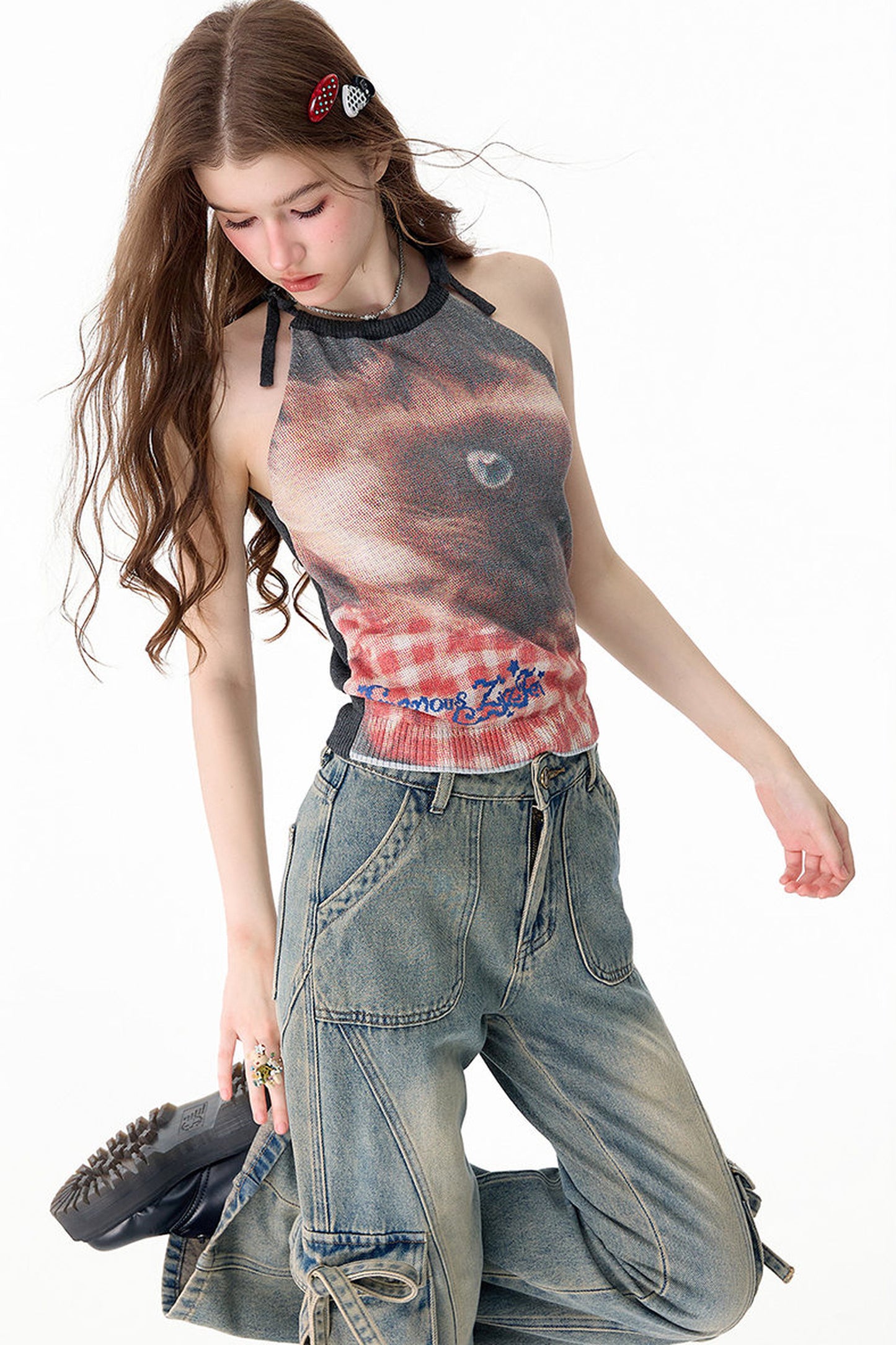 Lazy Style Cat Print Strappy Top