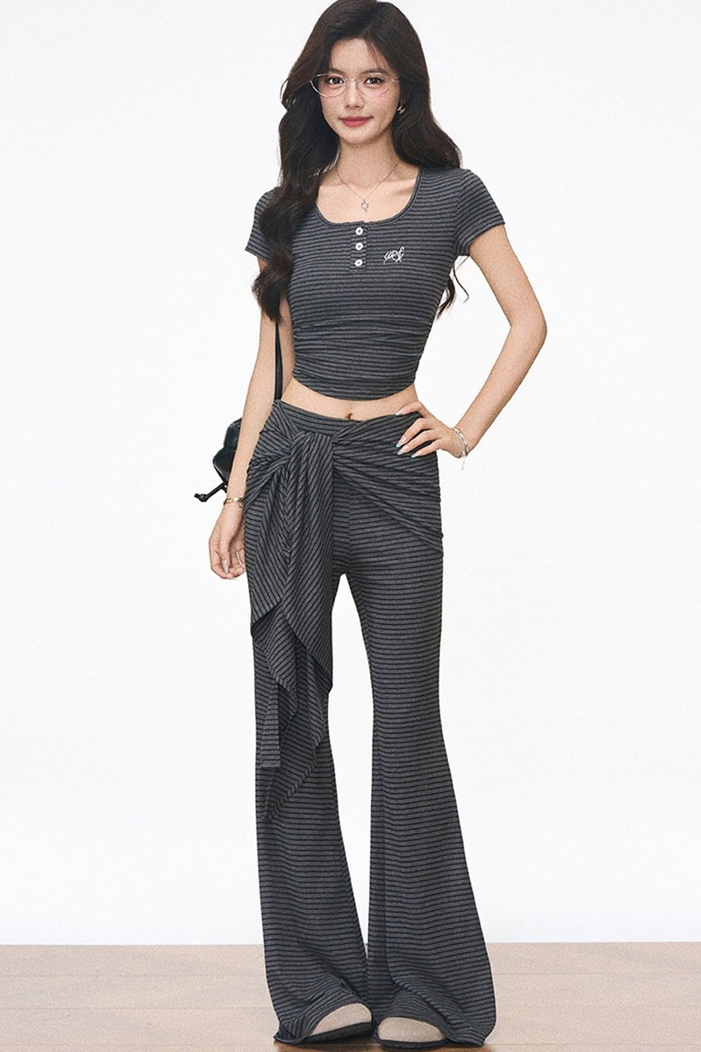 Striped Slim-Fit T-Shirt and Flared Pants Set-Up
