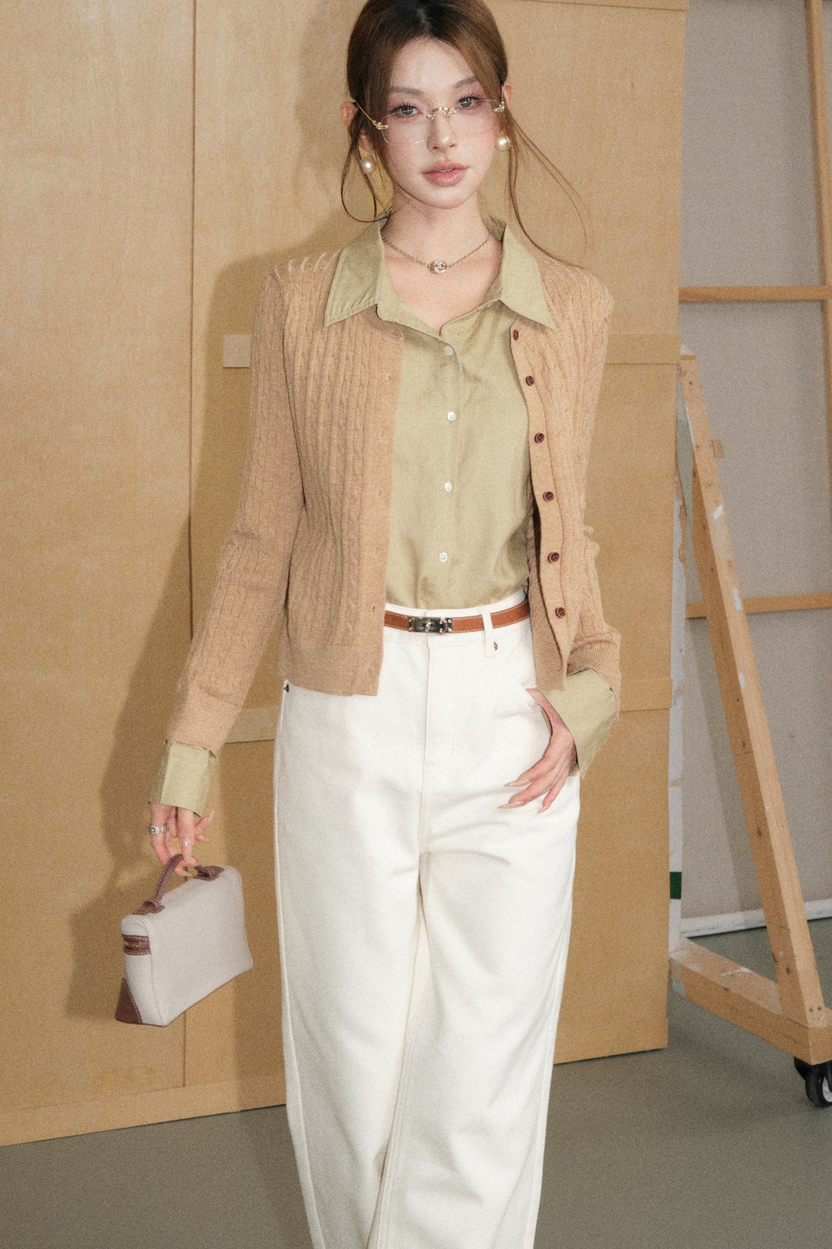 Cable-Knit Layered-Look Sweater and White Jeans Set-Up