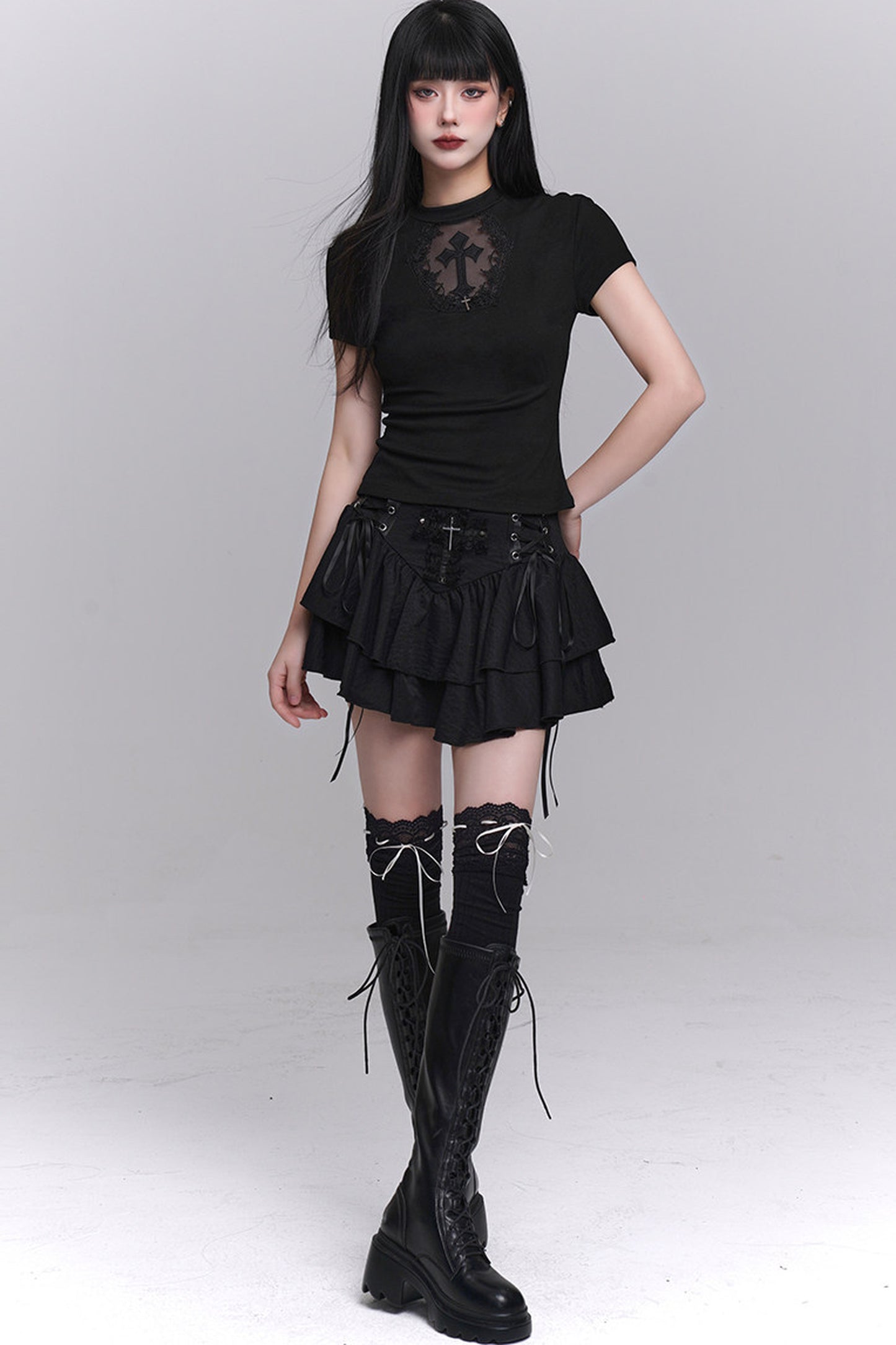 Black Cross Lace Short Sleeve T-Shirt
