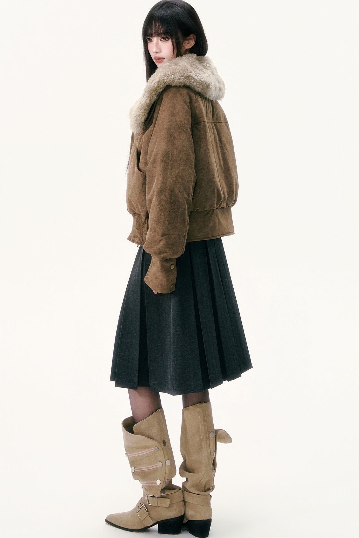 Olive Green Wool Collar Down Jacket