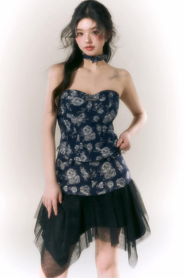 Rose Denim Tube Top and Half-Length Gauze Skirt Set-Up