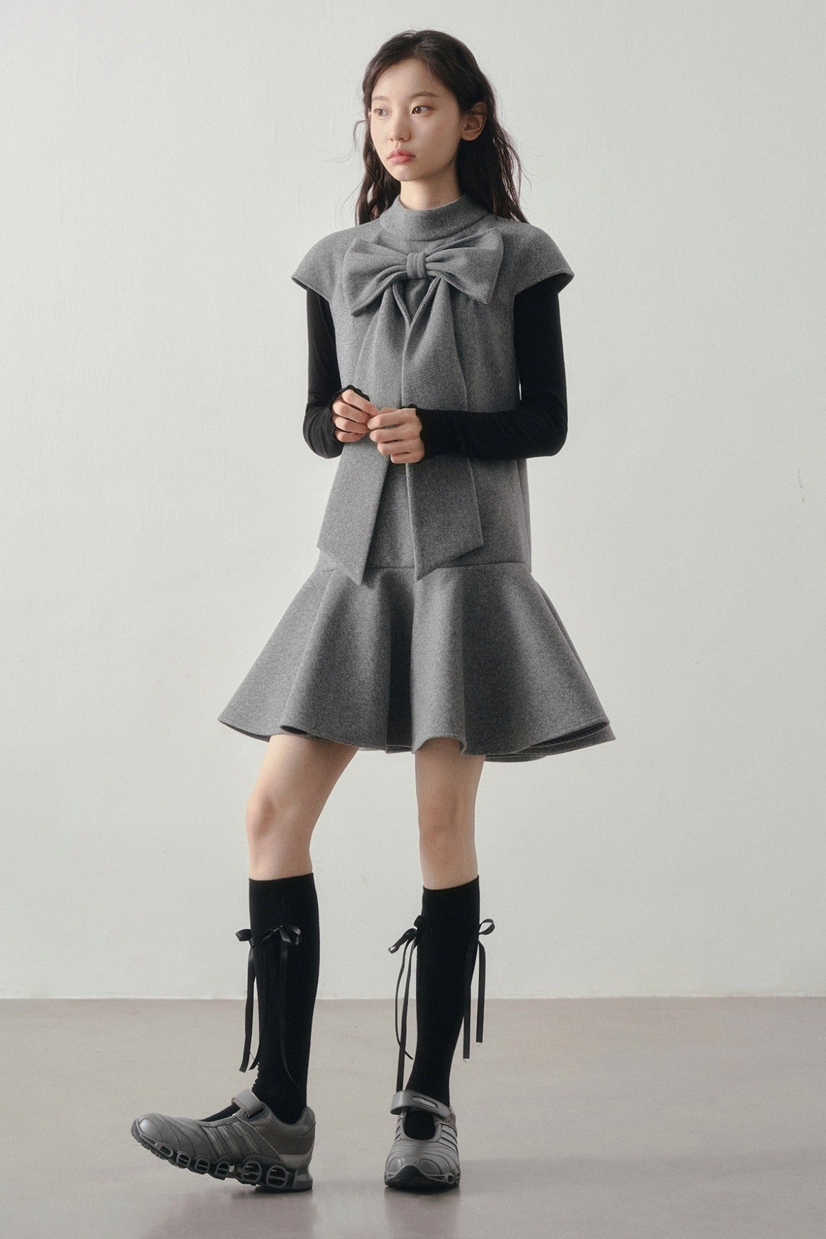 Woolen Bow Flutter Sleeve Dress