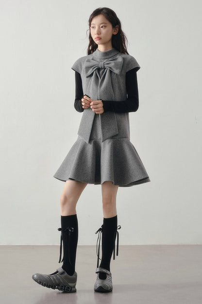 Woolen Bow Flutter Sleeve Dress