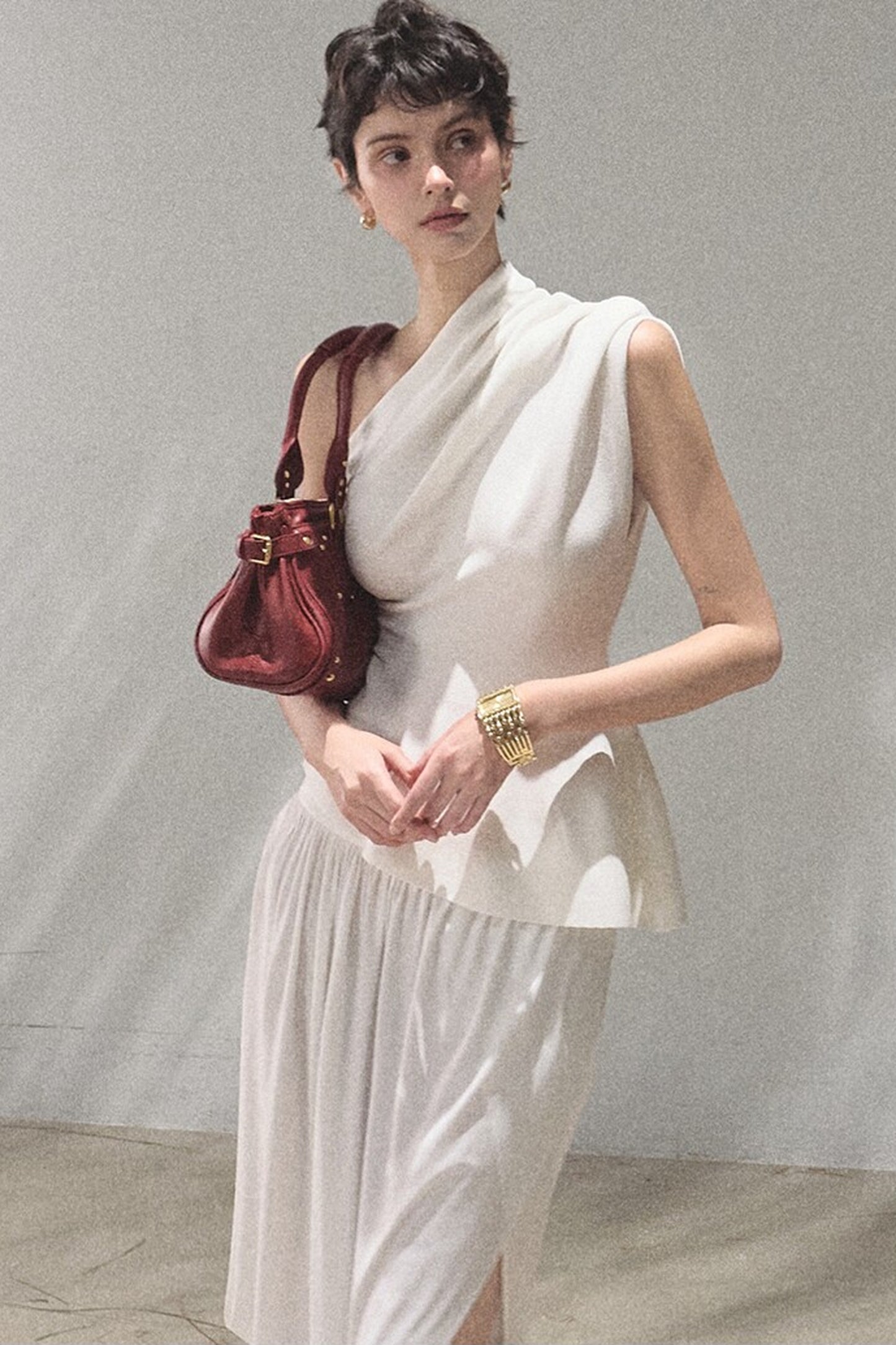 Irregular High-Waisted White Slit Skirt