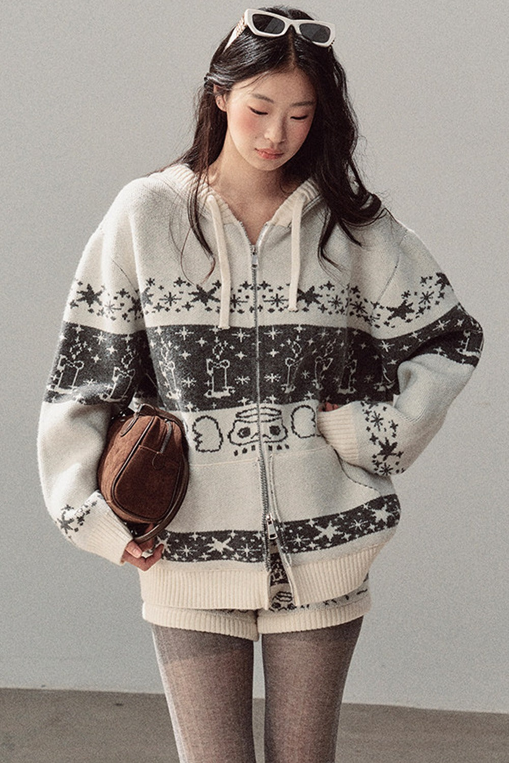 Fair Isle Jacquard Knit Jacket and Shorts Set-Up