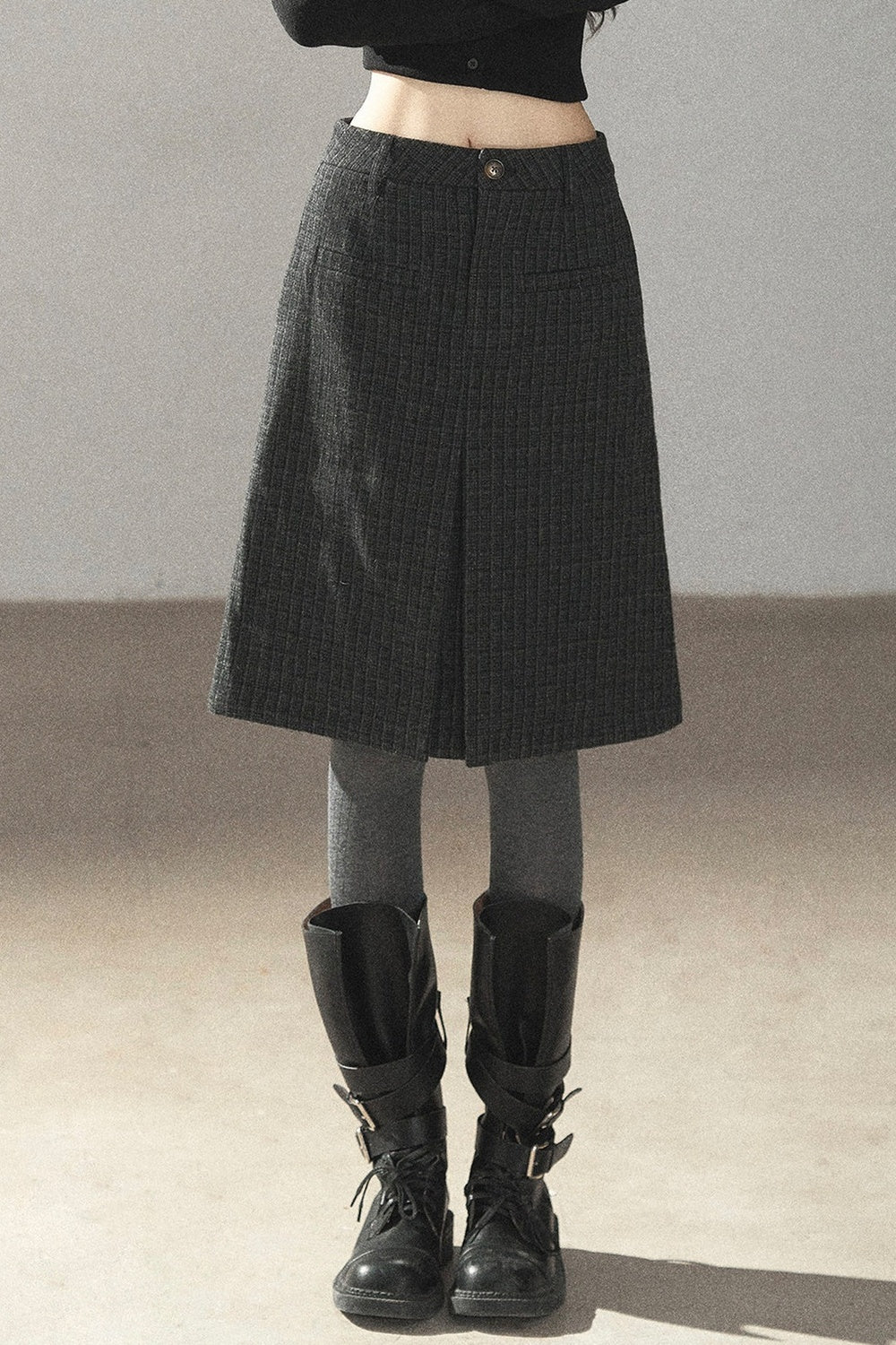 Plaid Wool Blend Slit Midi Skirt