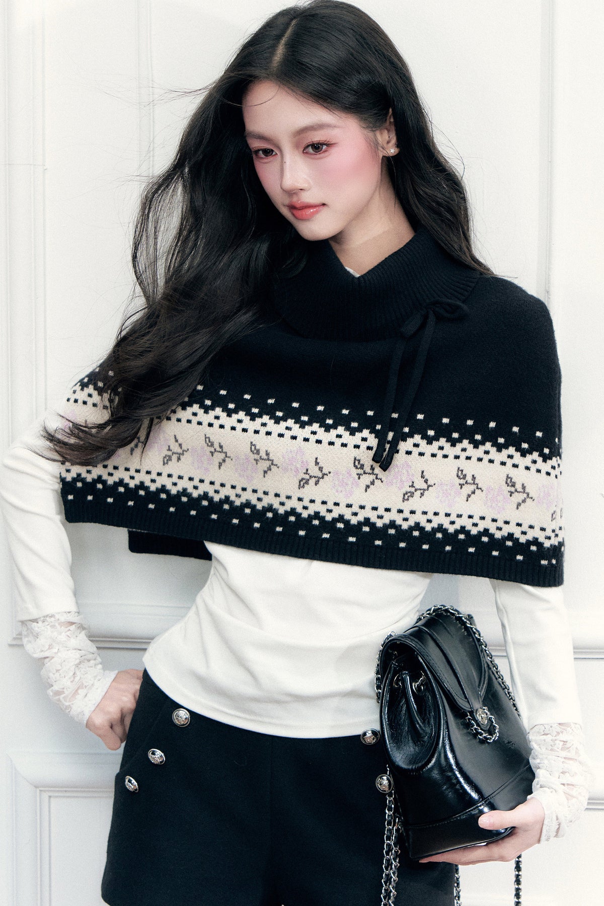 Fair Isle Tie Shawl Cape