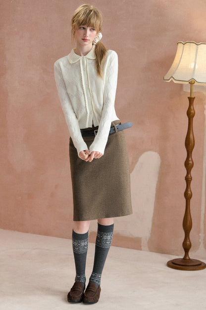 Hollow-Out Diamond-Pattern Doll Collar Cardigan Top