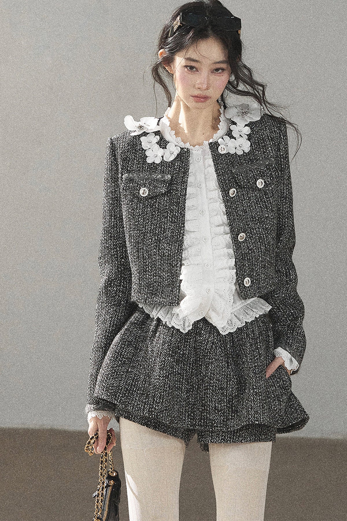 Black White Tweed Jacket With Skirt and Top Set-Up