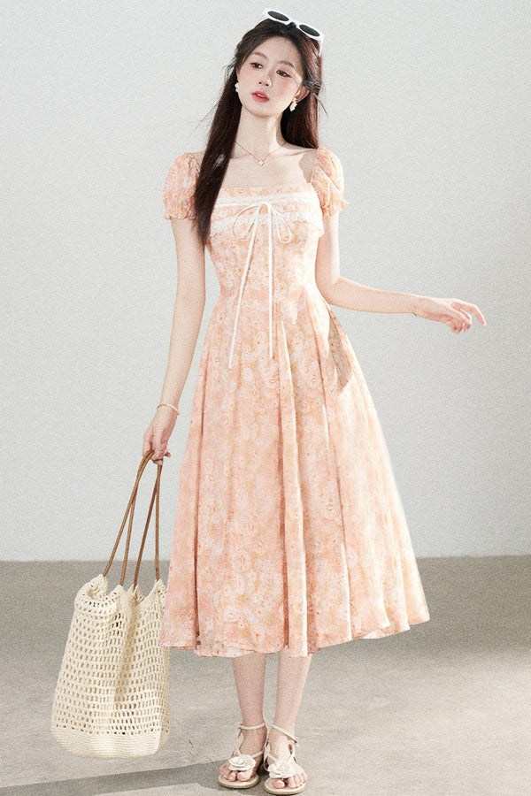 Square-Neck Floral Puff-Sleeve Chiffon Dress