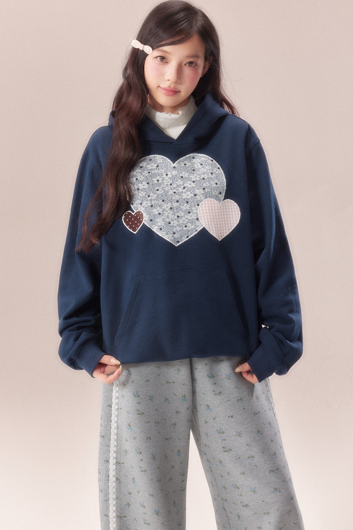 Heart Patchwork Embroidered Hooded Sweatshirt