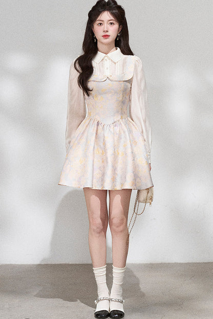 Layered-Look Long-Sleeve Jacquard Dress