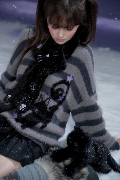 Halloween Meow Black Gray Striped Sweater With Scarf