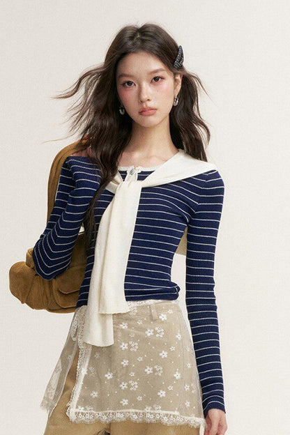 Striped Shawl Collar Long Sleeve Knit Sweater