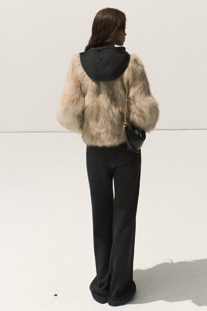 Detachable Fur Collar Knit Jacket and Wide-Leg Pants Set-Up