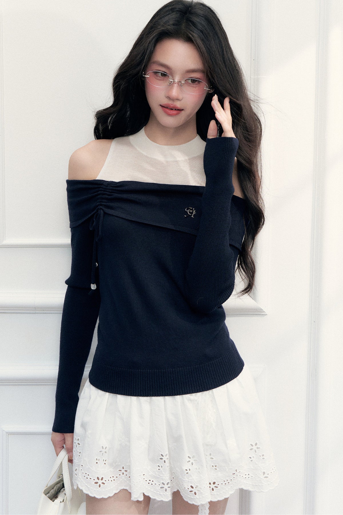 Off-Shoulder Contrasting Color Knit Top