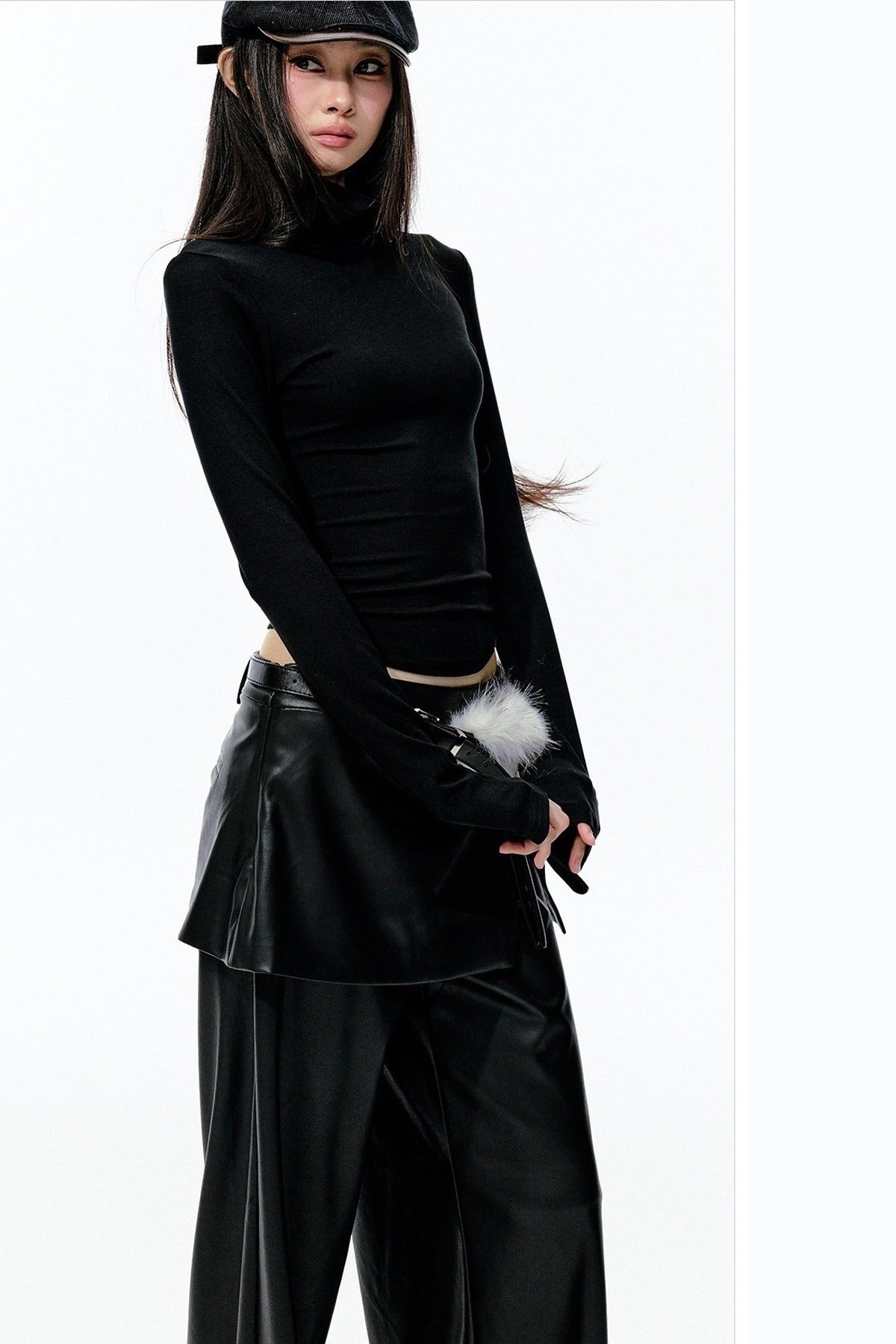 Large Hollow-Out Pearl Chain High-Neck Knit Top