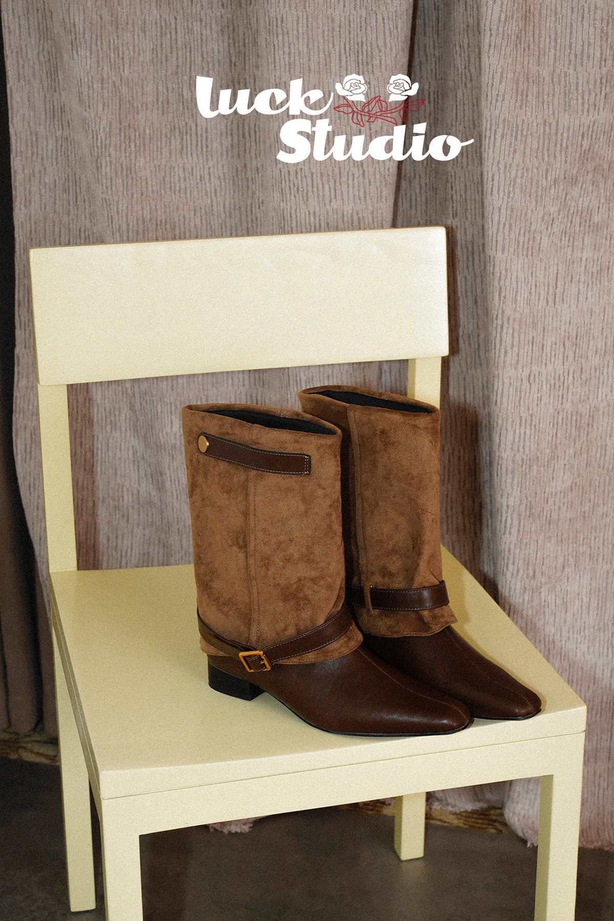 Chunky Heel Suede Belt Buckle Riding Boots