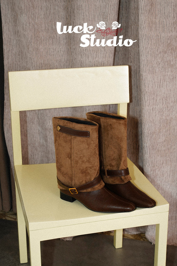 Chunky Heel Suede Belt Buckle Riding Boots