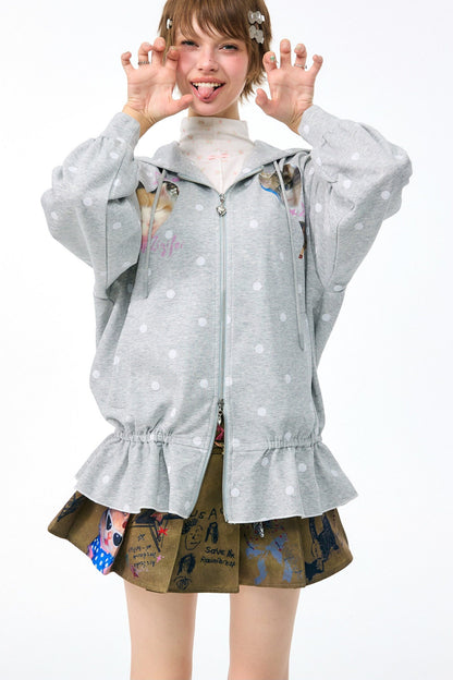 Cat Polka Dot Zipper Hooded Jacket