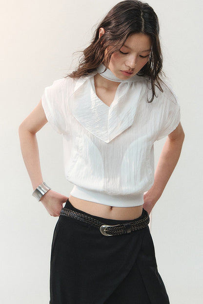 Drape Collar Short Sleeve Shirt With Tie