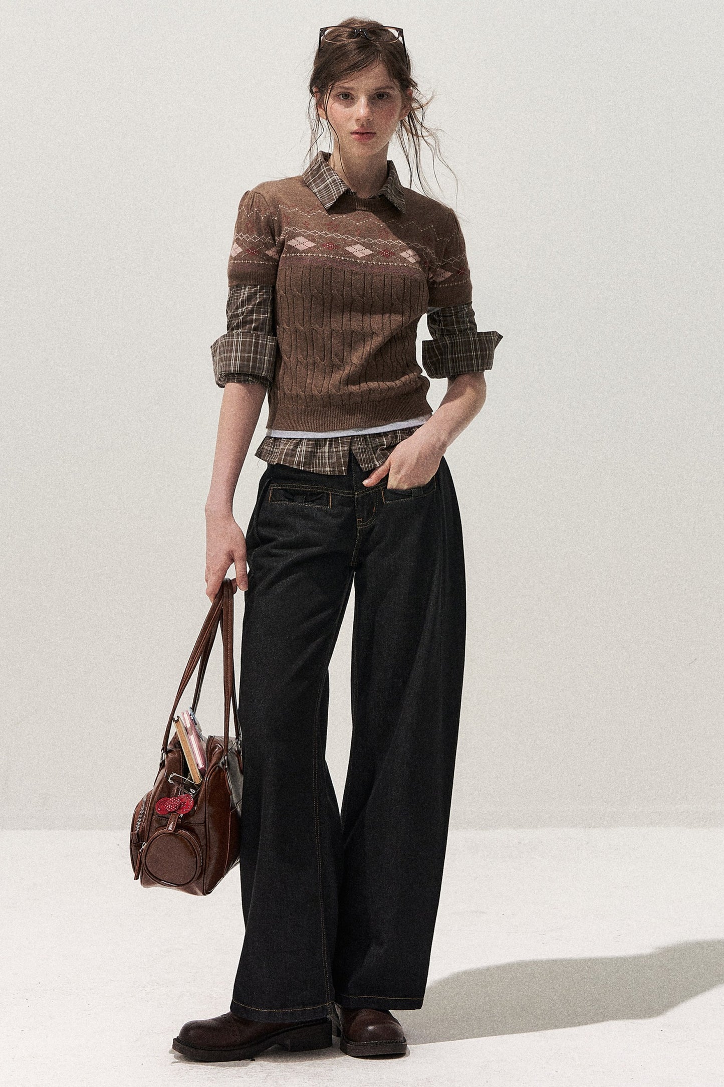 Retro Fair Isle Argyle Short-Sleeve Knit Sweater and Skirt Set-Up