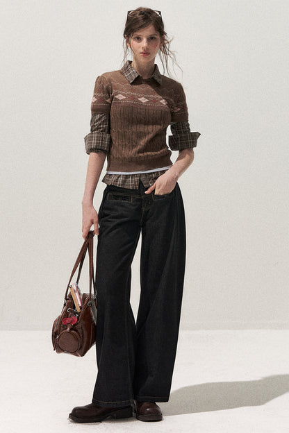 Retro Fair Isle Argyle Short-Sleeve Knit Sweater and Skirt Set-Up