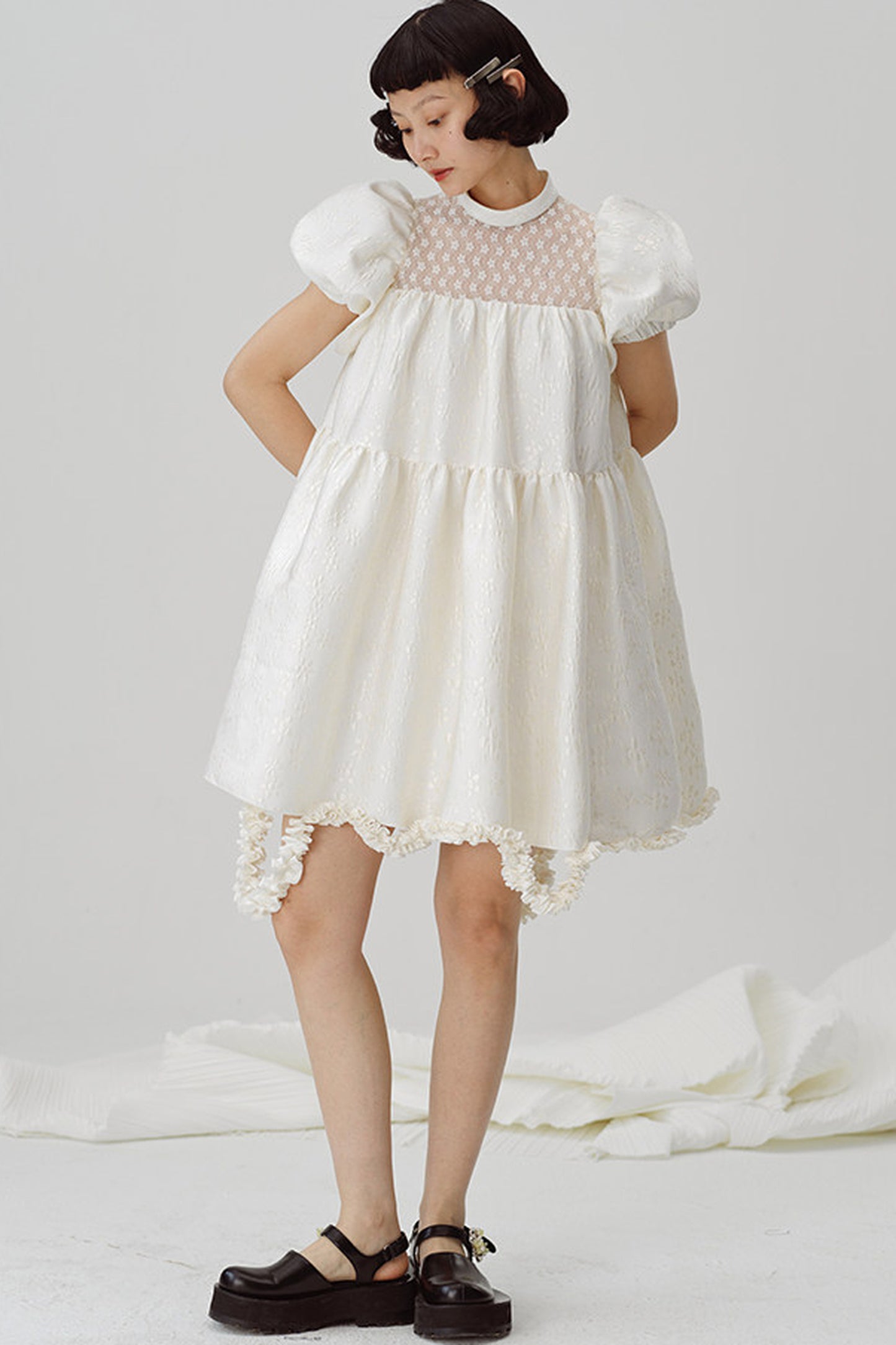 Lace Patchwork Puff Sleeve A-Line Dress