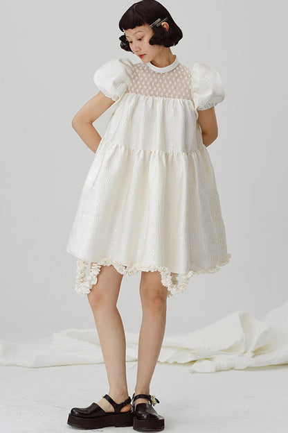 Lace Patchwork Puff Sleeve A-Line Dress