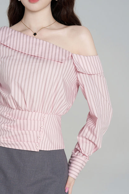 Pink Striped Off-Shoulder Long-Sleeve Shirt and Skirt Set-Up