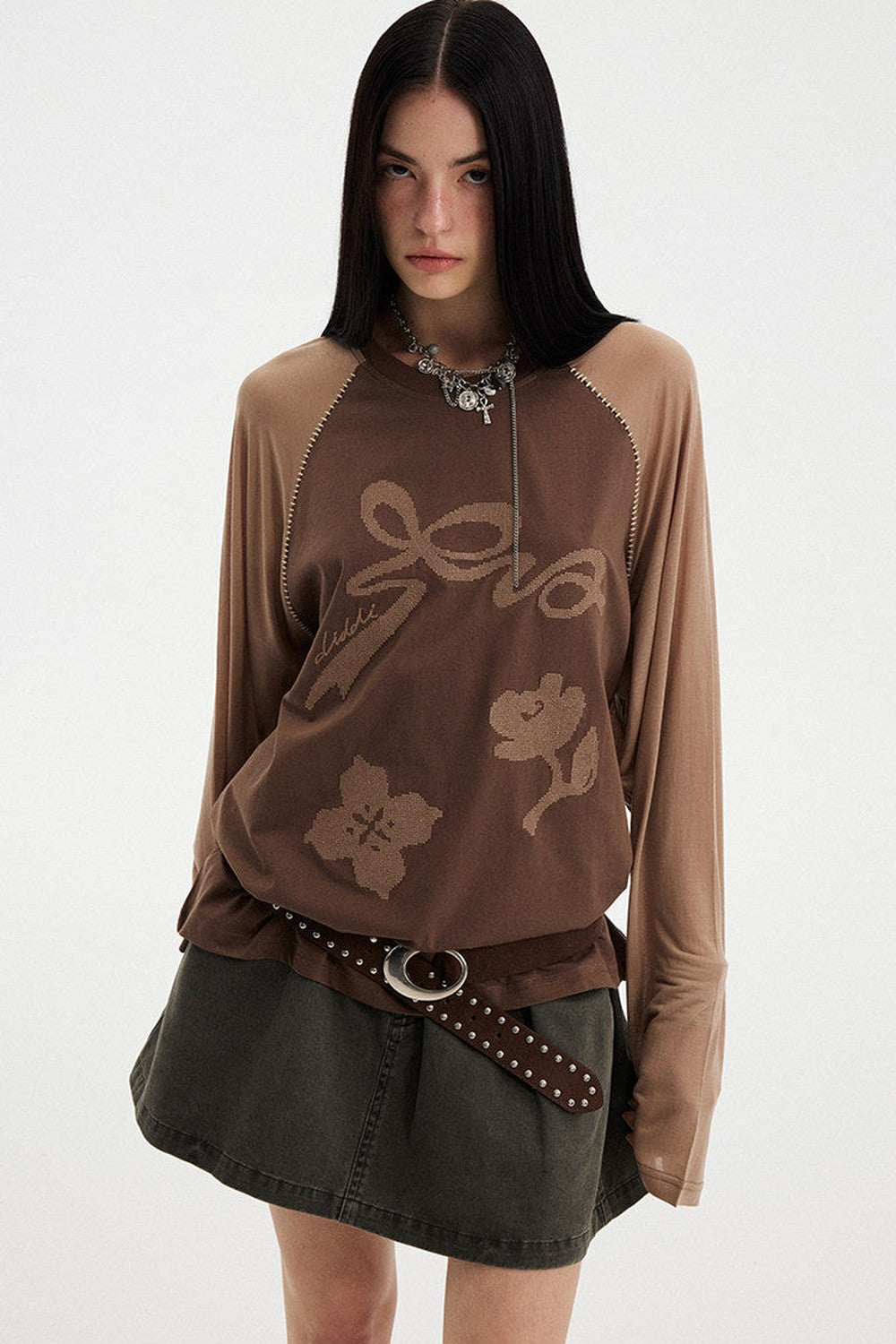 Bow Floral Spliced Long-Sleeve Top