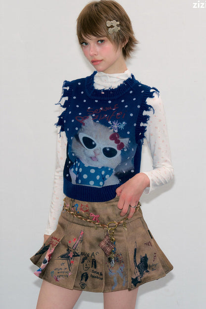 Navy Blue Cat Print Polka Dot Vest