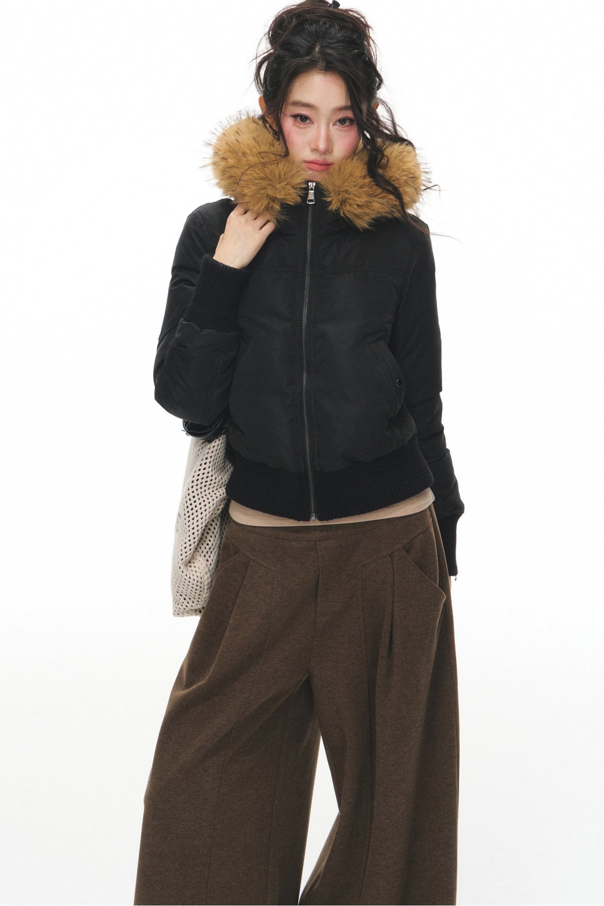Lightweight Hooded Fur Collar Down Jacket and Pants Set-Up