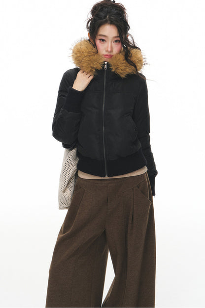 Lightweight Hooded Fur Collar Down Jacket and Pants Set-Up