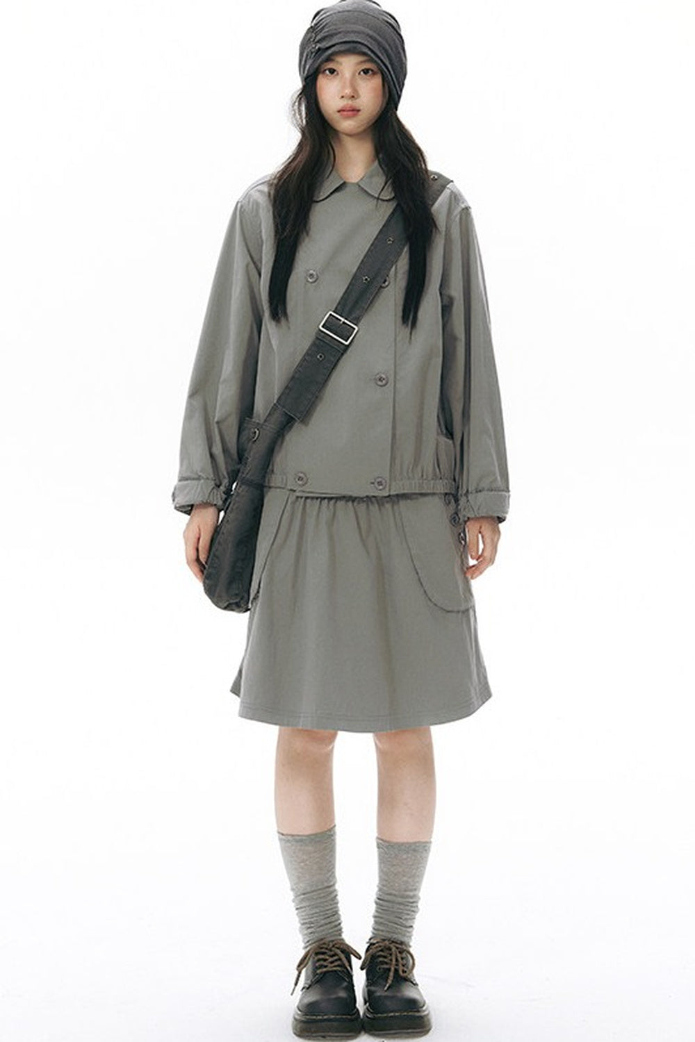 Retro Double-Breasted Workwear Jacket and Skirt Set-Up