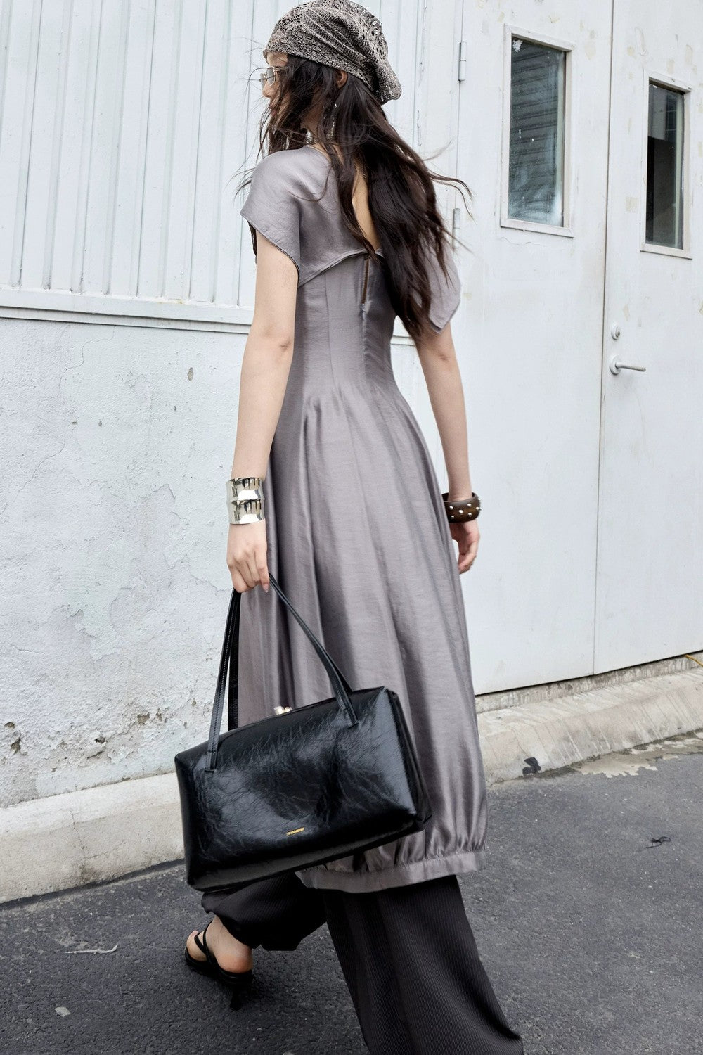 Glossy Gray Bubble Collar Dress