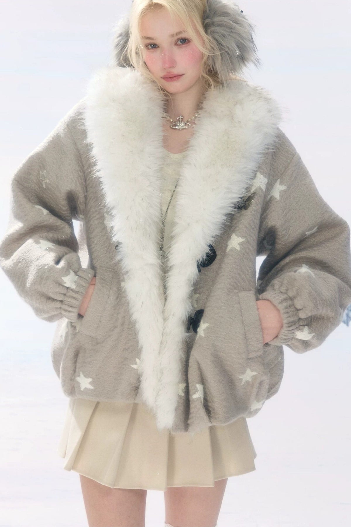 Star Polka Dot Plush Collar Jacket