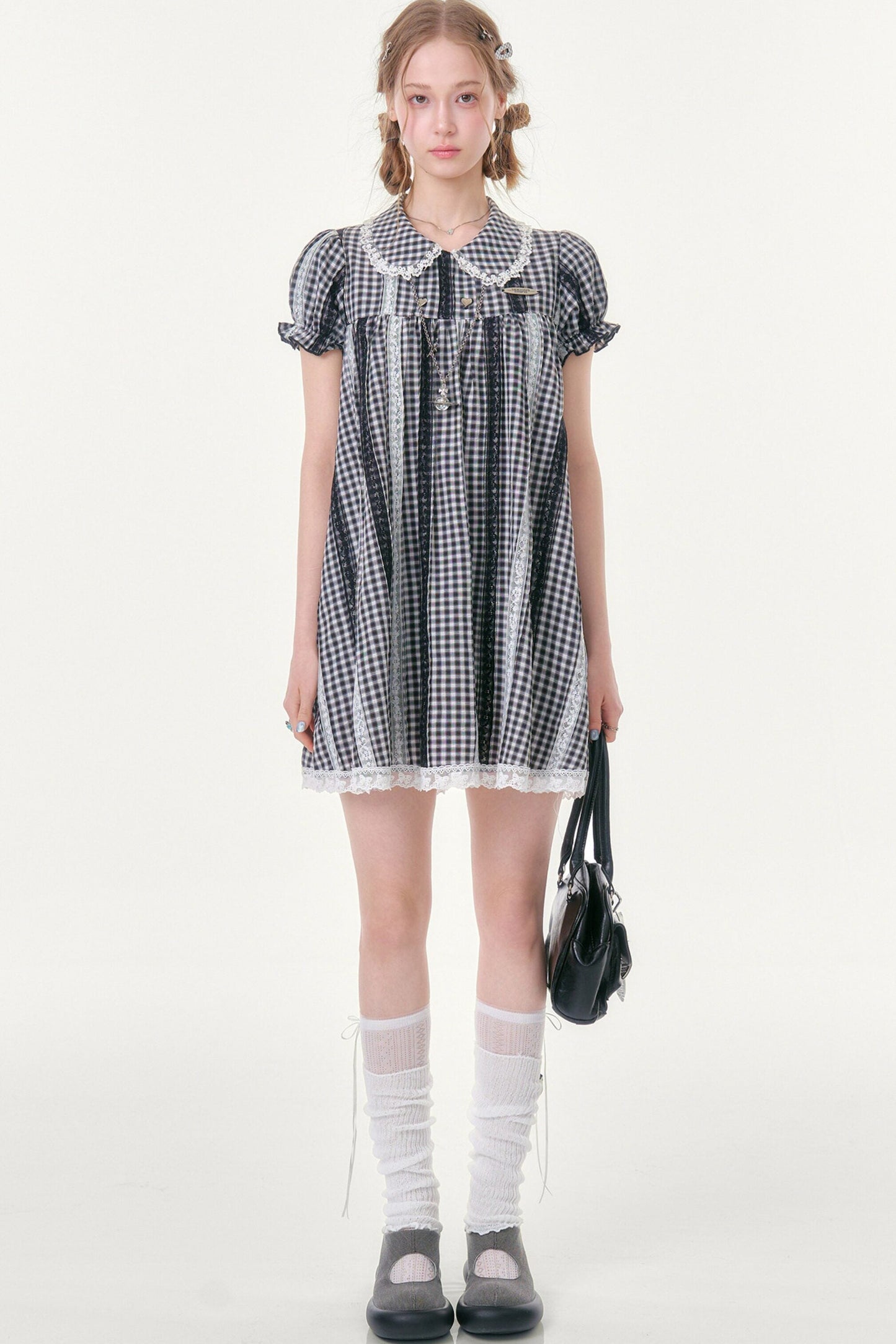 Retro Plaid Doll Collar Lace Dress
