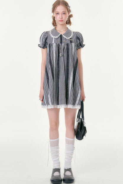 Retro Plaid Doll Collar Lace Dress