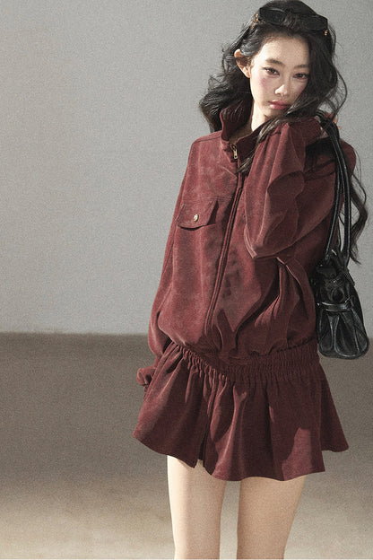 Burgundy Jacket And Shorts Set-Up