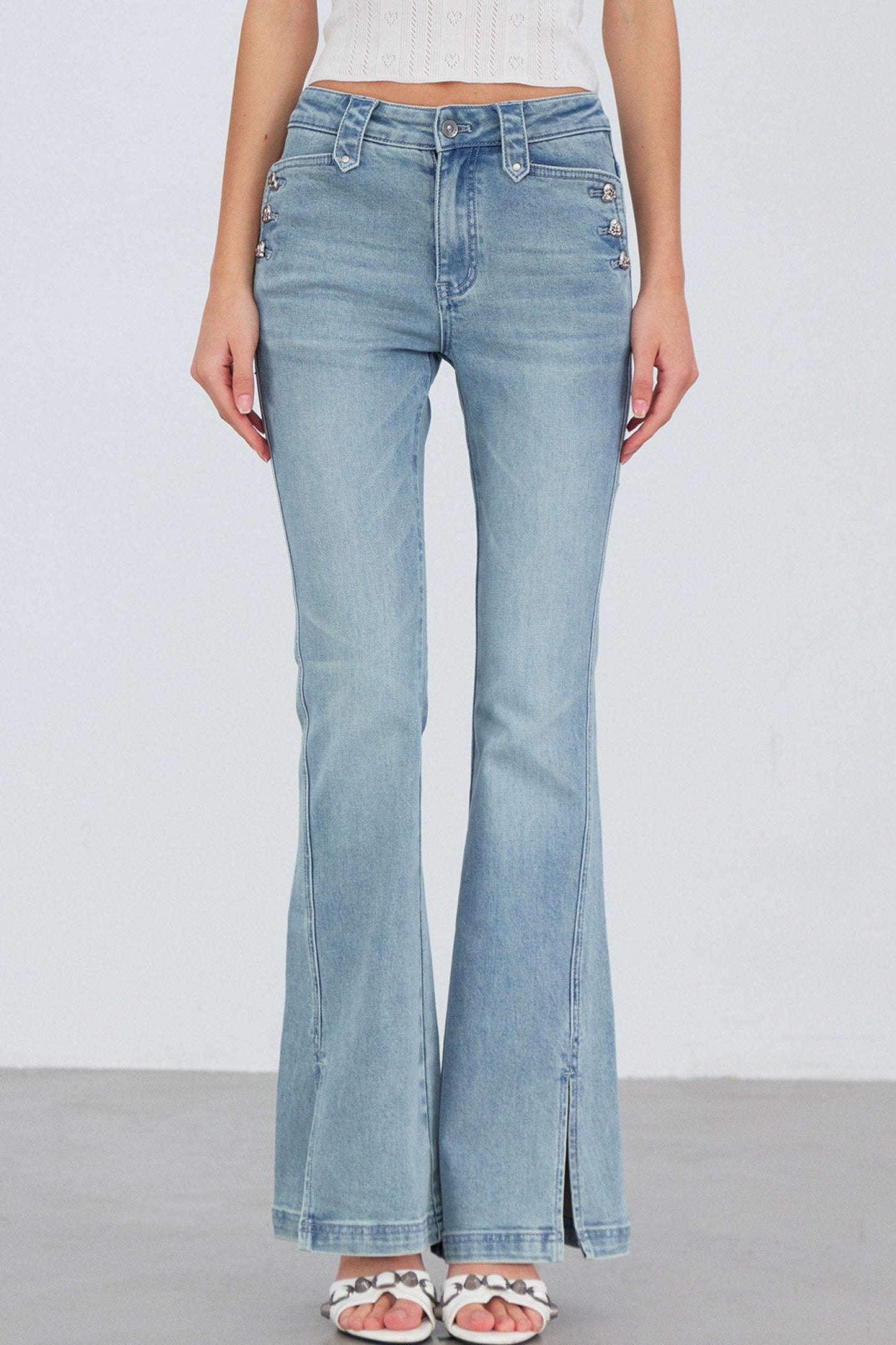 Heart Button Slit Flared Jeans