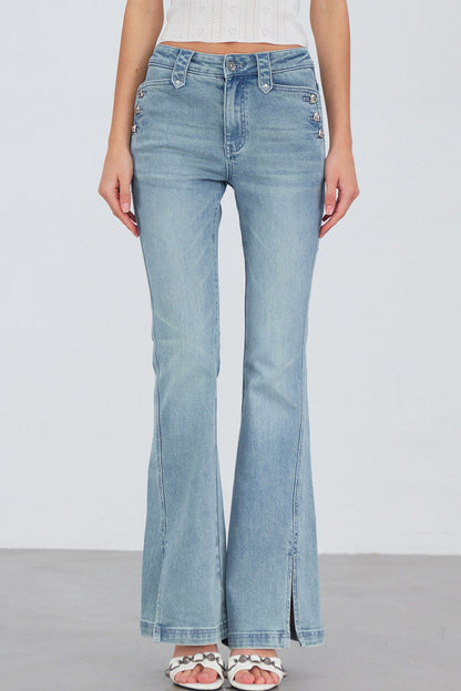 Heart Button Slit Flared Jeans